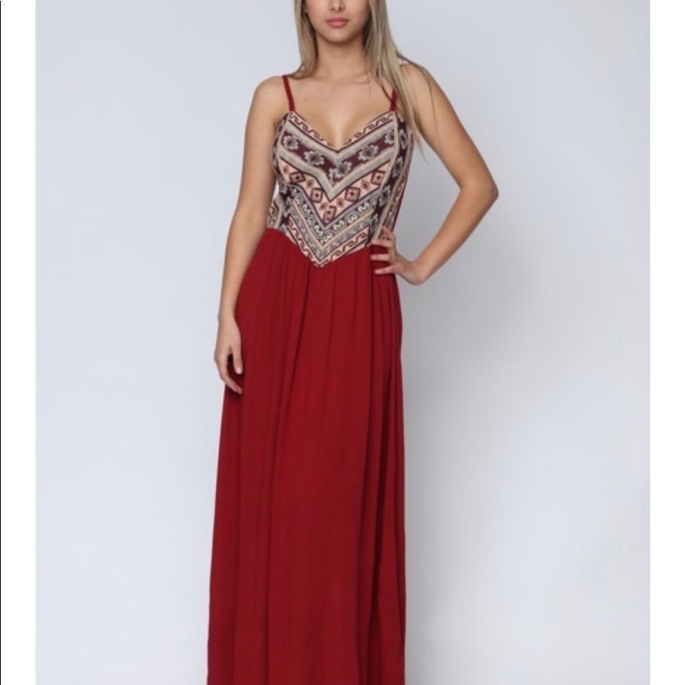 Embroidered Bodice Red Maxi Dress with Spaghetti Straps